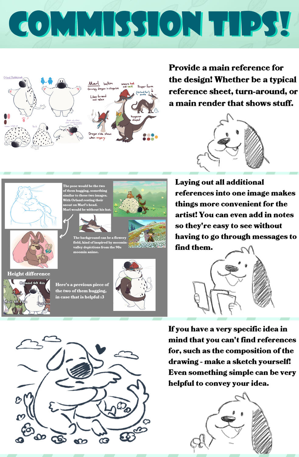Text included in the image: Provide a main reference for the design! Whether be a typical reference sheet, turn-around, or a main render that shows stuff. Laying out all additional references into one image makes things more convenient for the artist! You